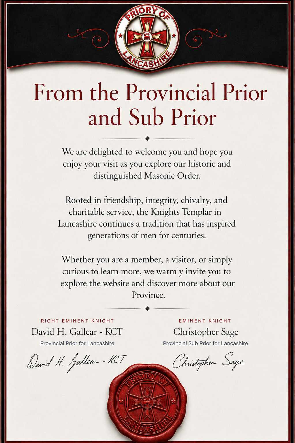 From the Provincial Prior and Sub Prior — a welcome message from the Priory of Lancashire